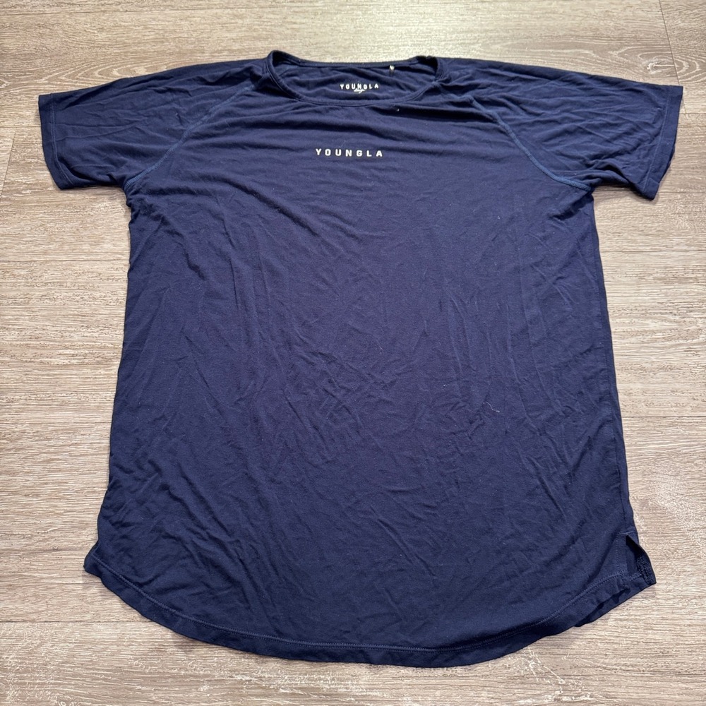 YoungLA Shirt Women Large Blue Cotton Gym Athletic Training Curved Hem Stretch